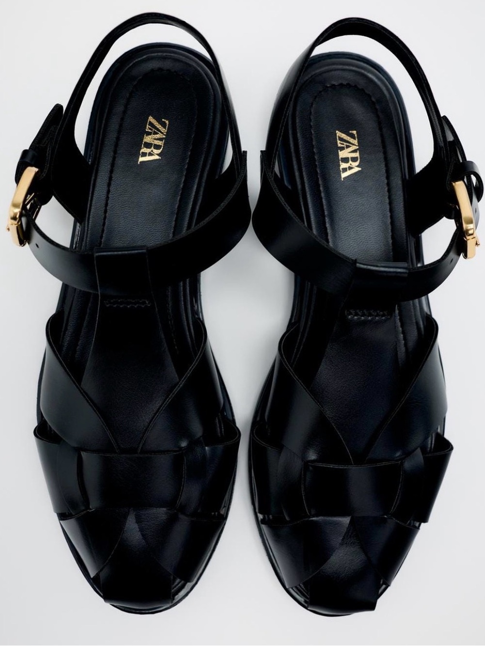 ZARA Black Leather Woven Slingback Sandals with Gold Buckle